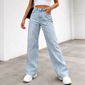 White Fox Light Blue Panel Seam Wide Leg Jeans Small Y2K Streetwear High Rise